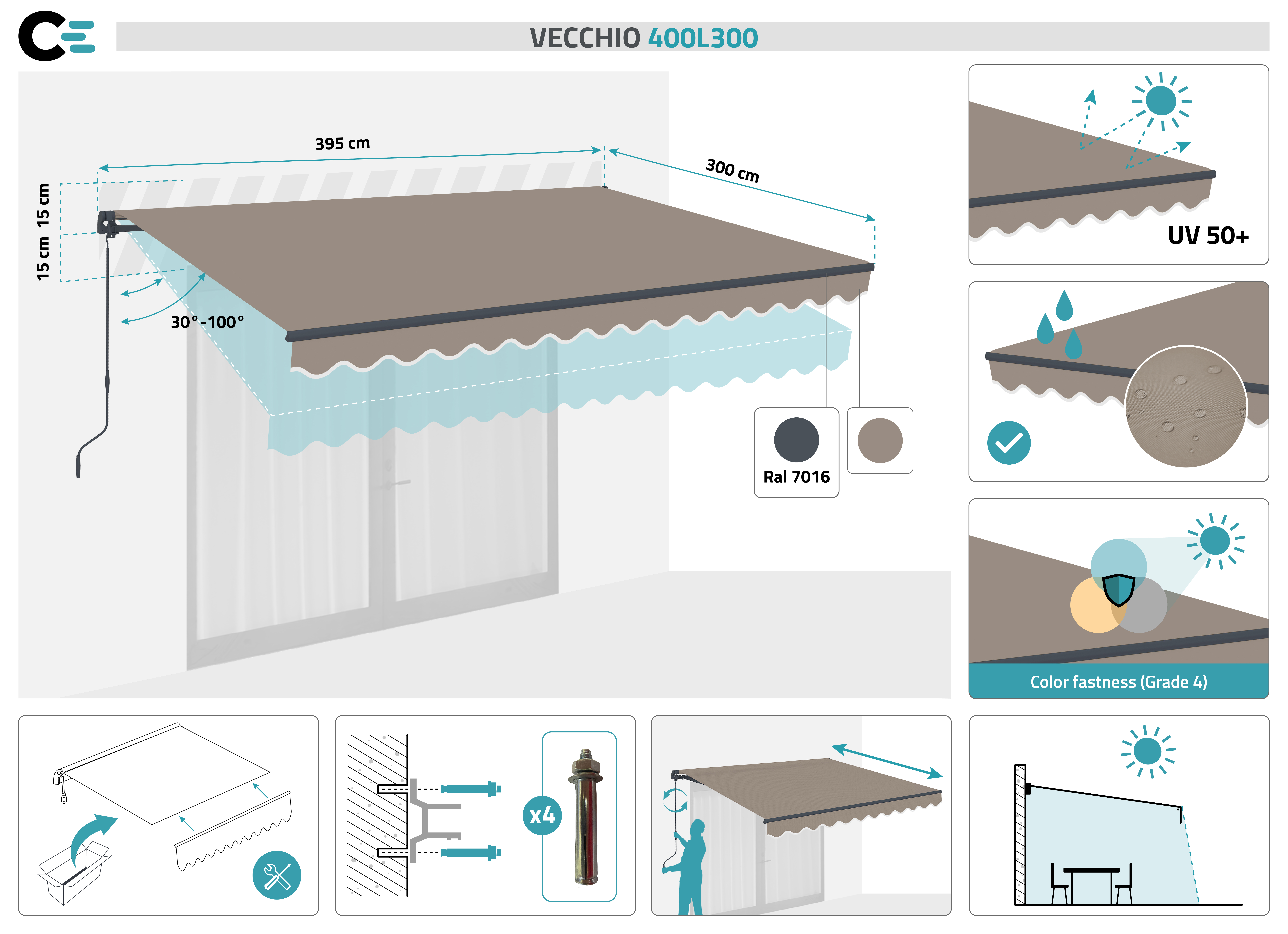 VECCHIO einteilige Markise 4m x 3m Taupe 2