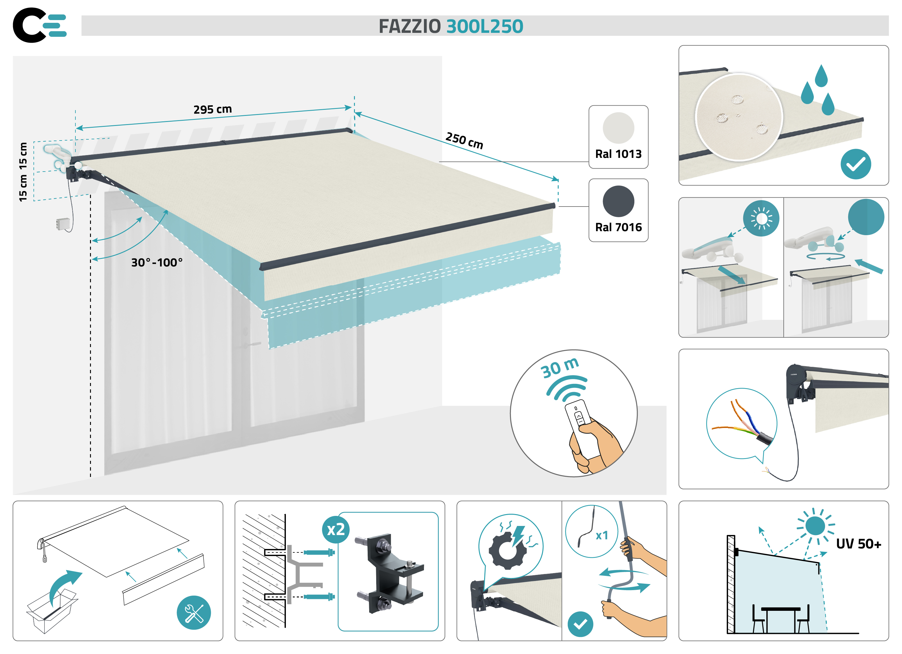 FAZZIO 3x2,5m beige semi-cassette gemotoriseerd zonnescherm 2