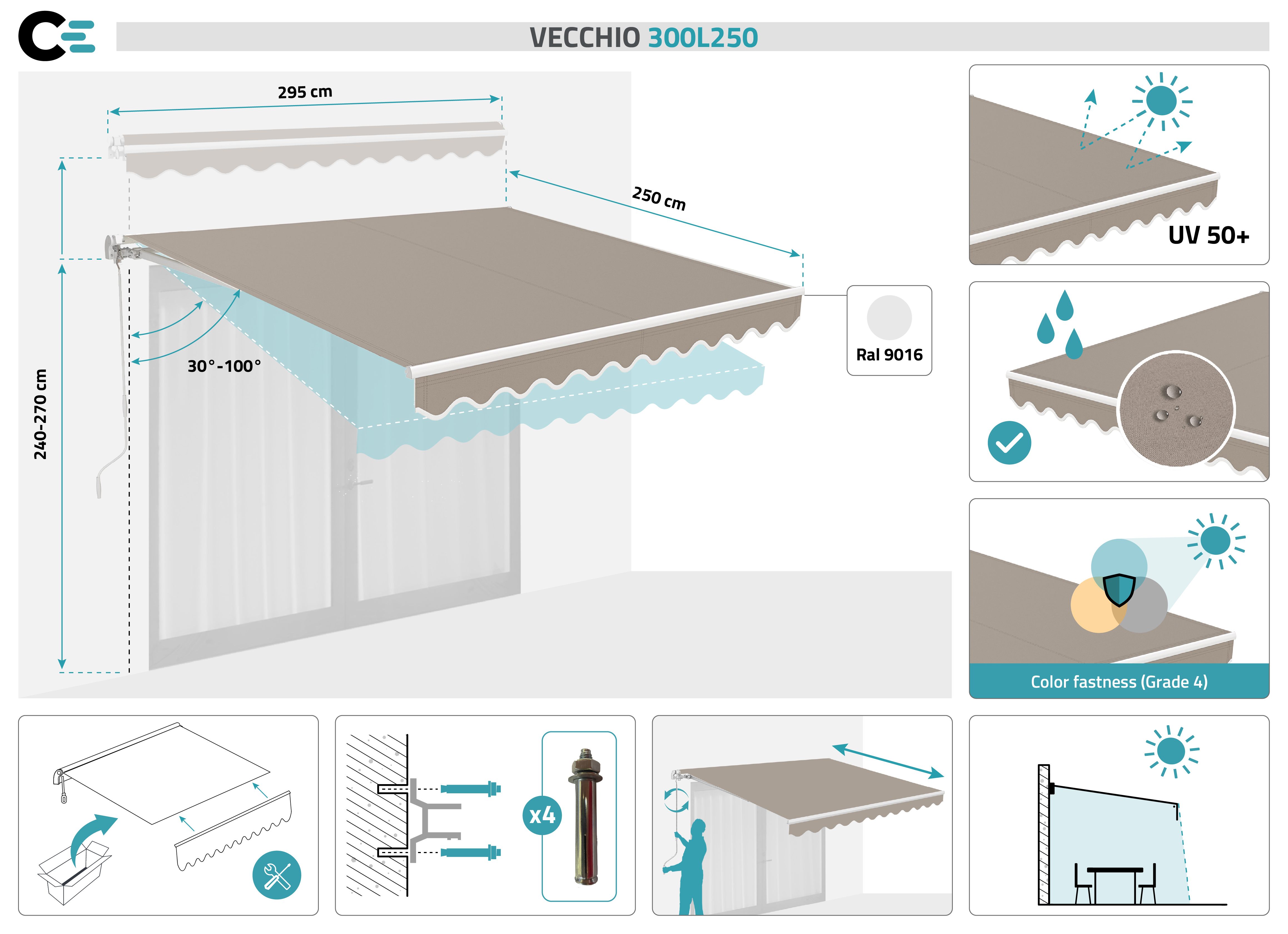 Toldo monobloque blanco VECCHIO de 3 m x 2,5 m, lona color topo 2