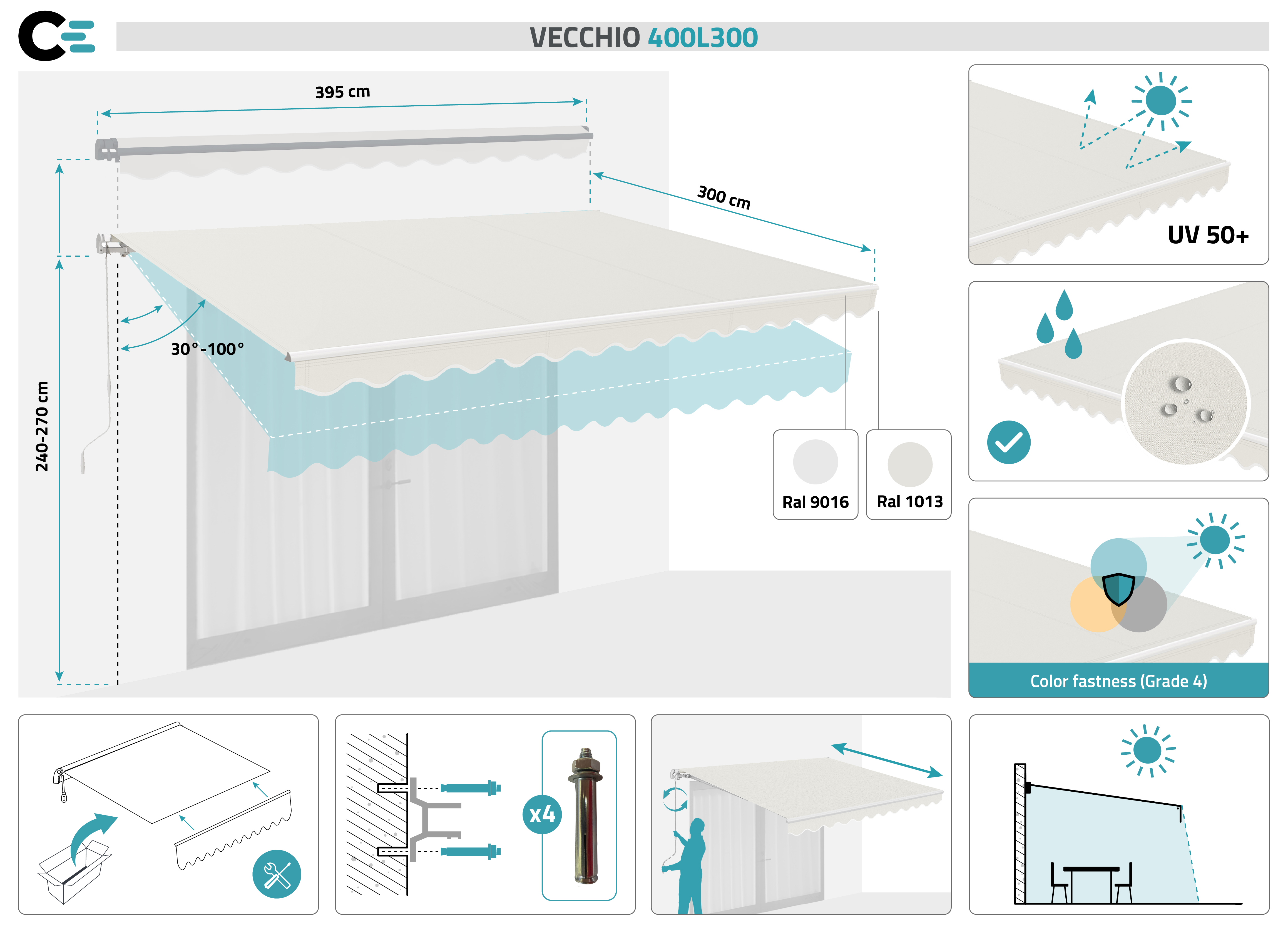 Fehér, egyrészes VECCHIO napellenző 4m x 3m bézs vászonból 2