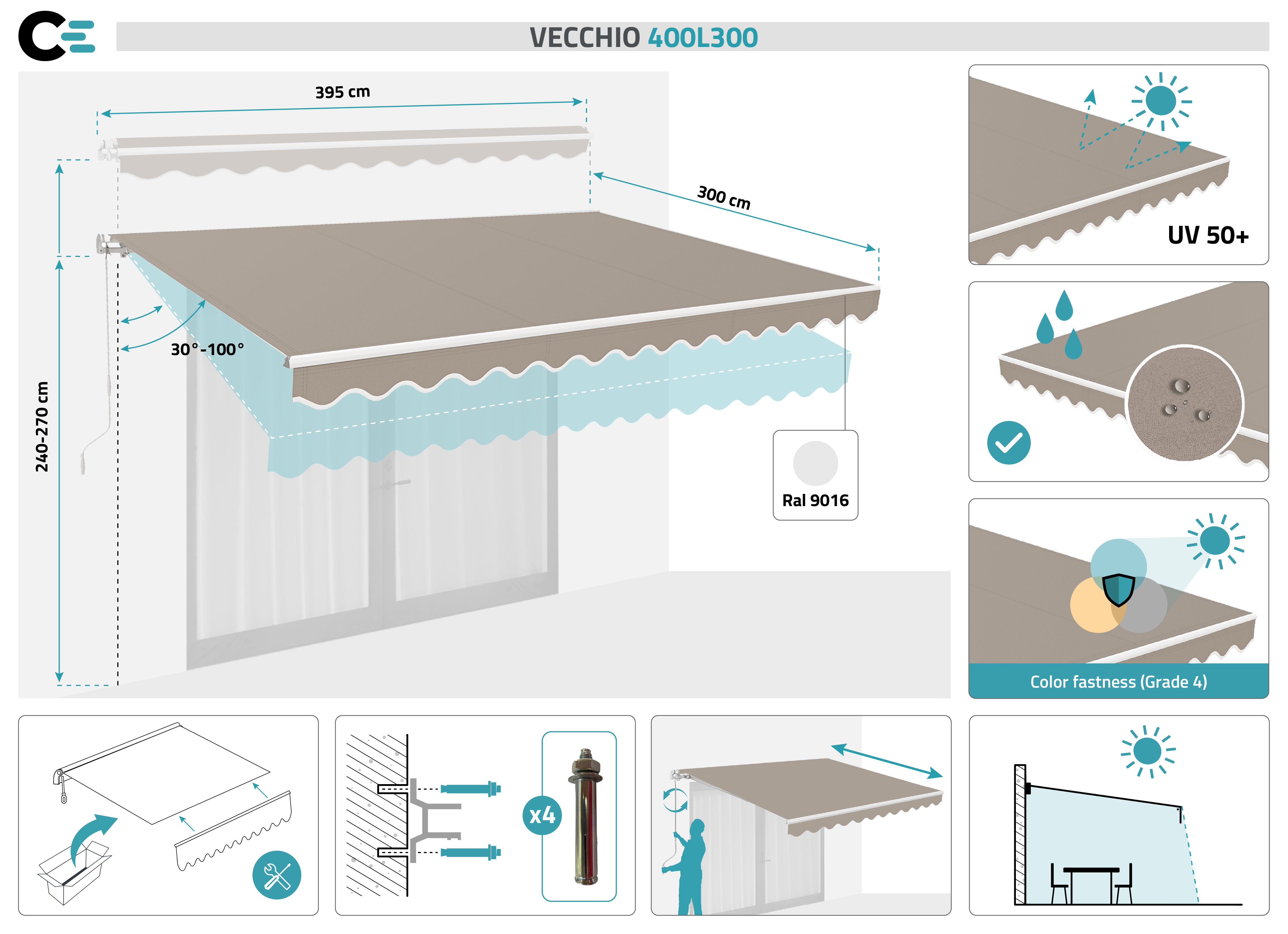Fehér, egyrészes VECCHIO napellenző, 4 m x 3 m bézs vászon 2
