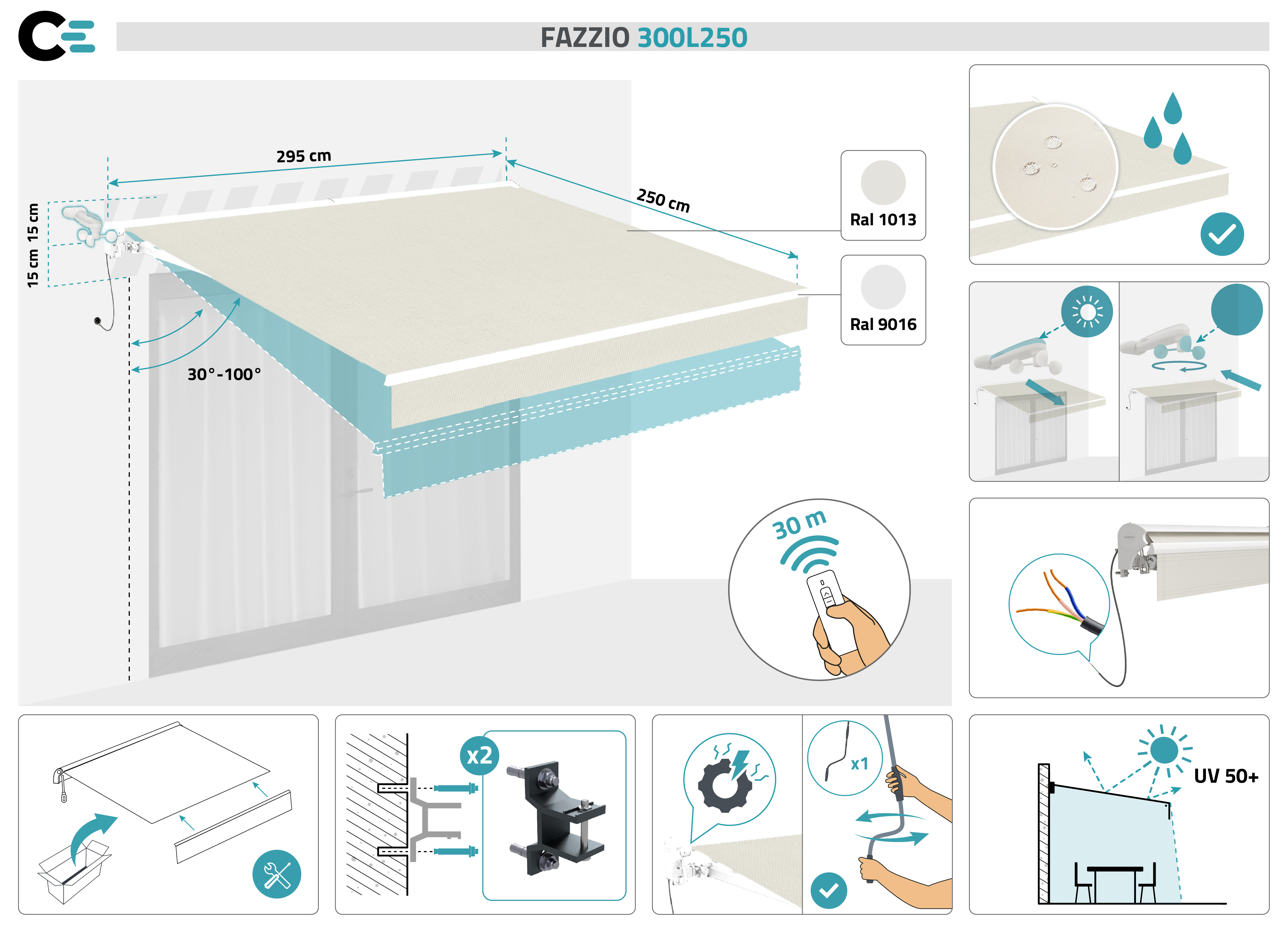 FAZZIO 3m x 2,5m witte semi-cassette gemotoriseerde luifel met beige doek 2