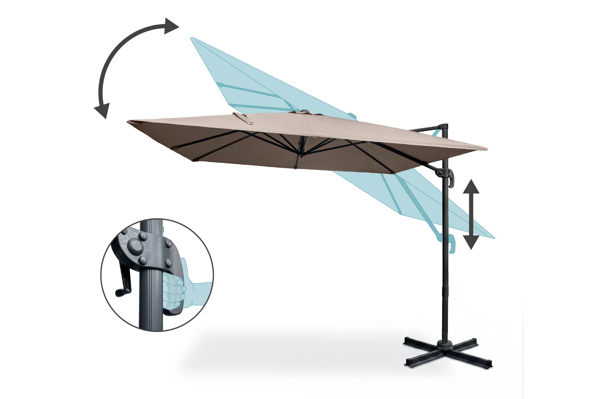 Parasol déporté 3x3m NAVAGIO en aluminium - Rotatif 360° inclinable - Taupe 5