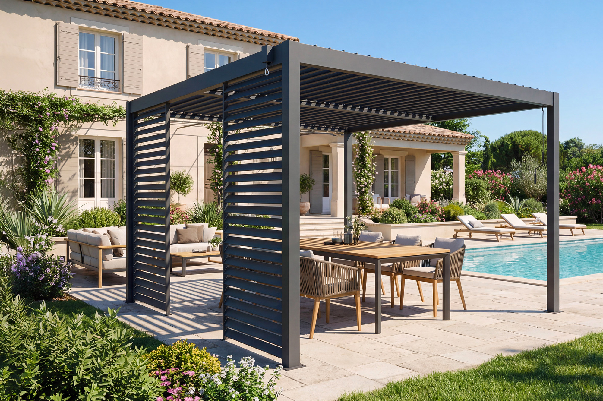 PIANA 92 cm-es pergola betekintést gátló paraván szürke alumínium lamellás lécekkel - VENTO 5